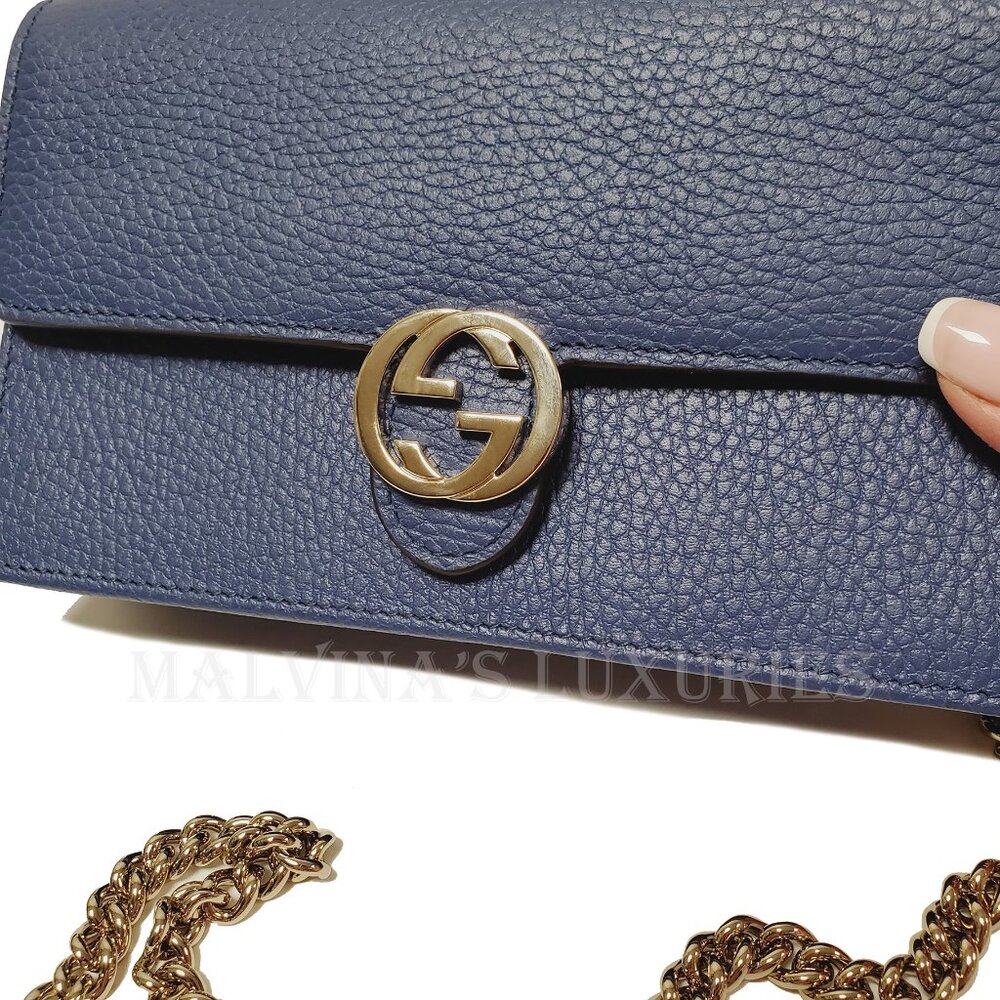 GUCCI BAG 510314 INTERLOCKING G CHAIN BLUE LEATHER CROSSBODY WALLET $1,550 - Picture 6 of 12